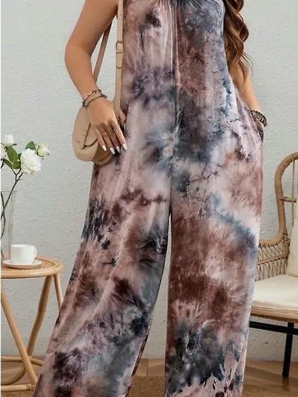 Womens‎ Tie-Dye Wide-Leg Jumpsuit in Brown